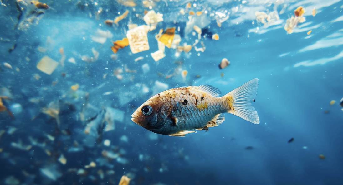 Poisson nageant dans des eaux polluées par des microplastiques