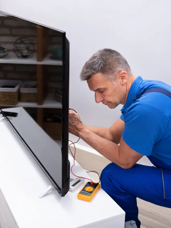 Technicien installant une box TV sur un téléviseur