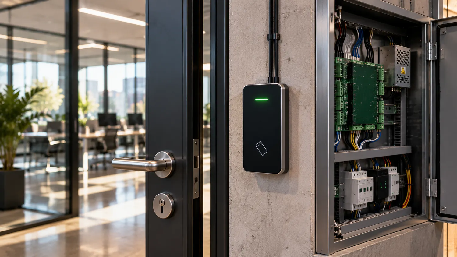 Commercial access control reader beside a door and a neatly wired control cabinet