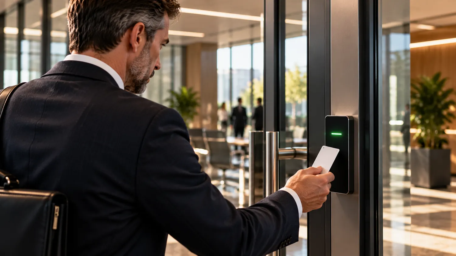 Businessman presents a plain badge to a green-lit office door reader